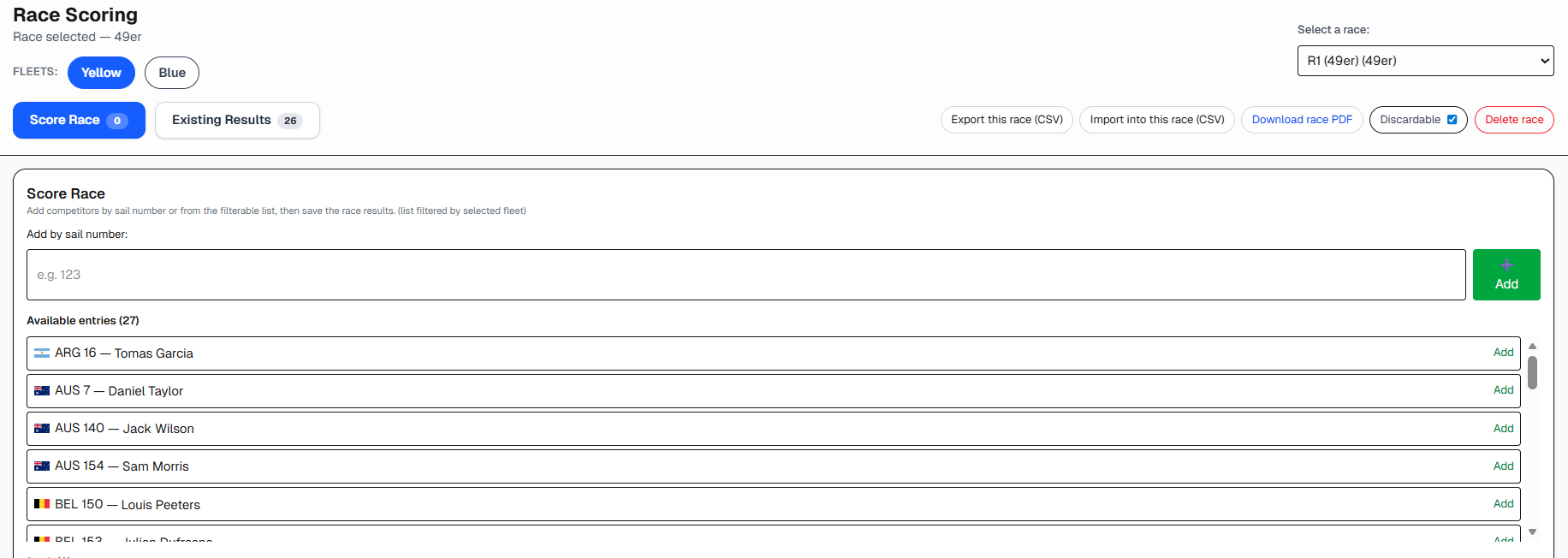 Scoring workflow screen in SailScore